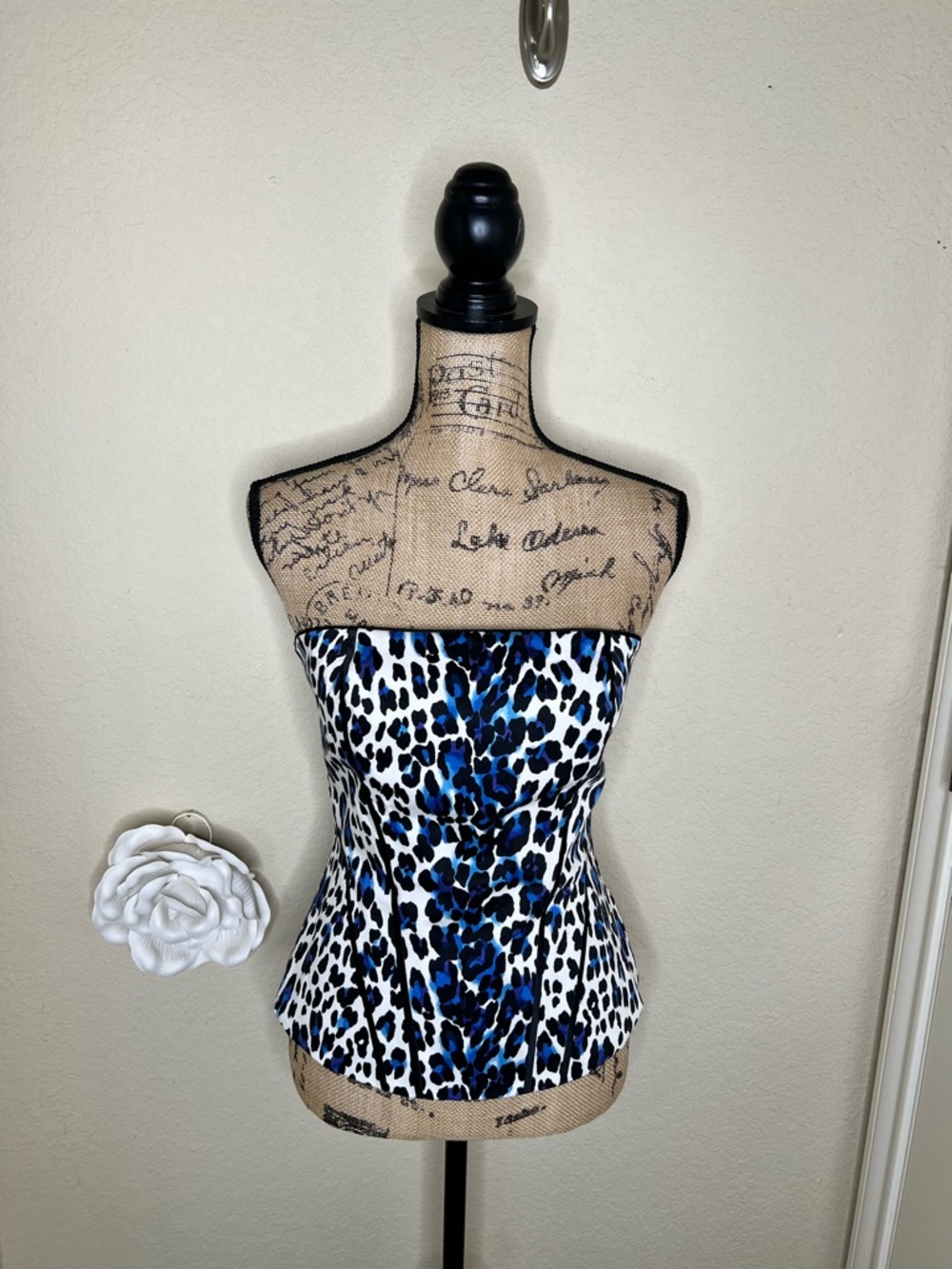 NTM White House Black Market Leopard Corset Bustier Top Blue Y2K Strapless Sz 4